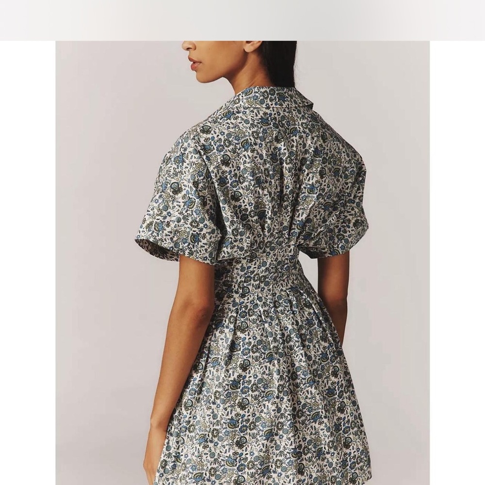 Anthropologie Blue and Cream Floral Shirtwaist Mini Dress - Picture 3 of 11